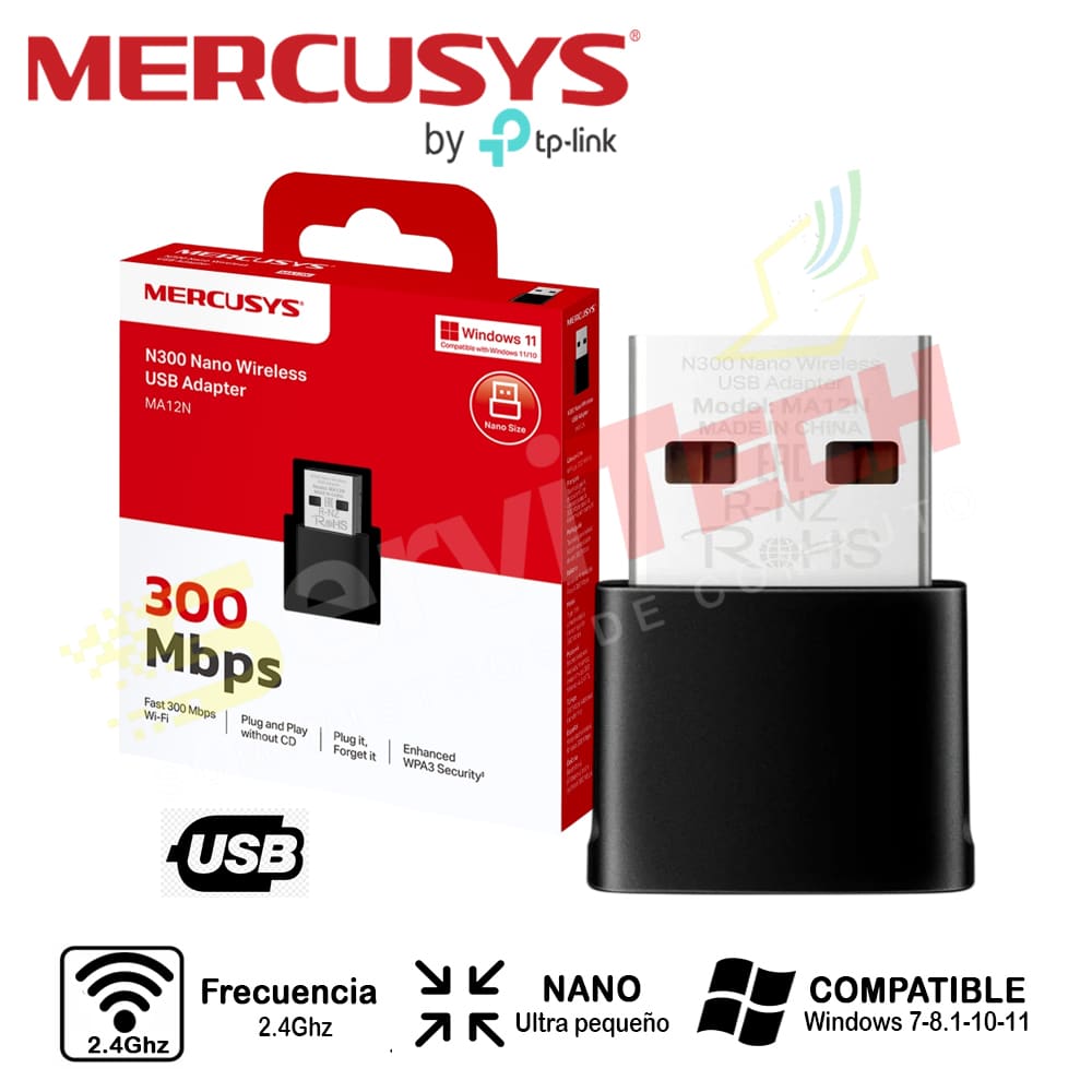 Adaptador inalambrico MERCUSYS MA12N N300 2.4Ghz USB
