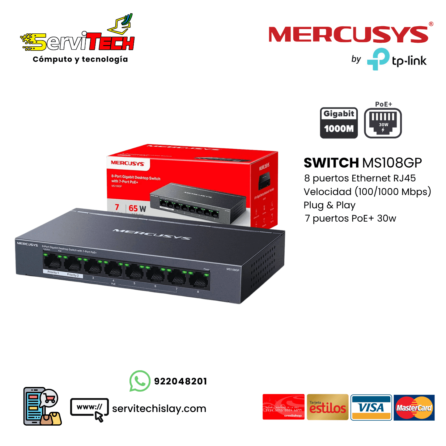 Switch POE+ MERCUSYS MS108GP 8 puertos 100/1000Mbps Gigabit
