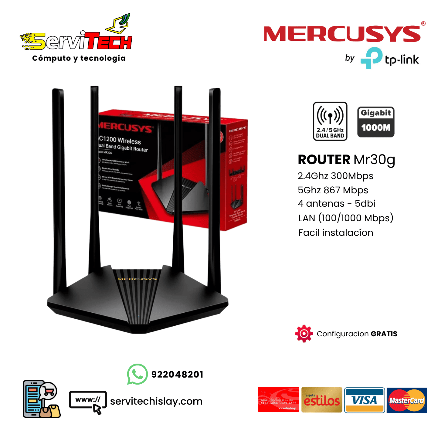 Router MERCUSYS MR30G AC1200 4 antenas Gigabit - 2.4Ghz/5.8Ghz