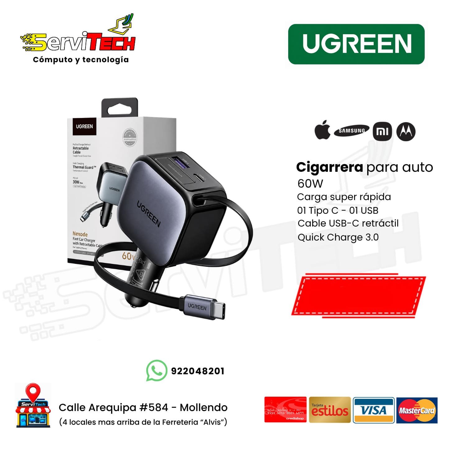Cigarrera para auto retráctil dual USB - Tipo C 60W UGREEN