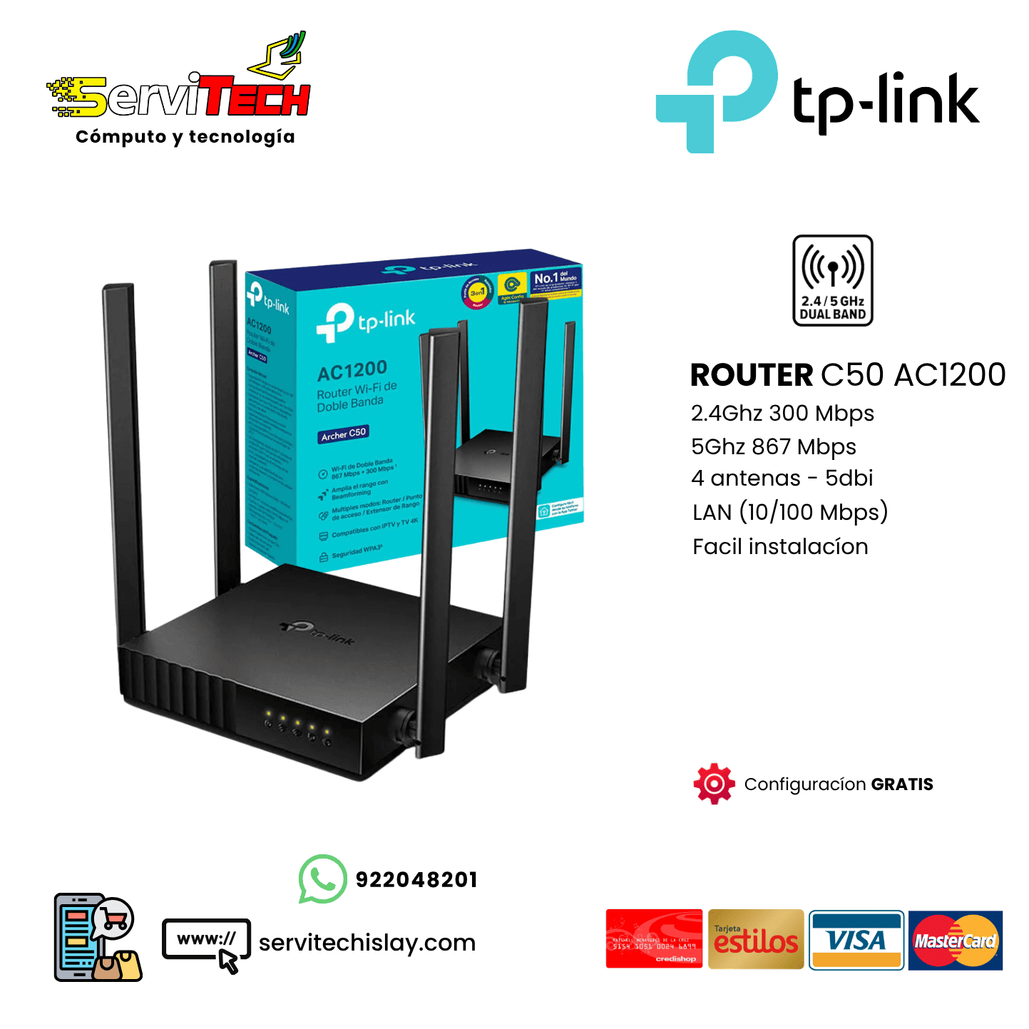 Router TPLINK ARCHER C50 AC1200 4 antenas - 2.4Ghz/5.8Ghz