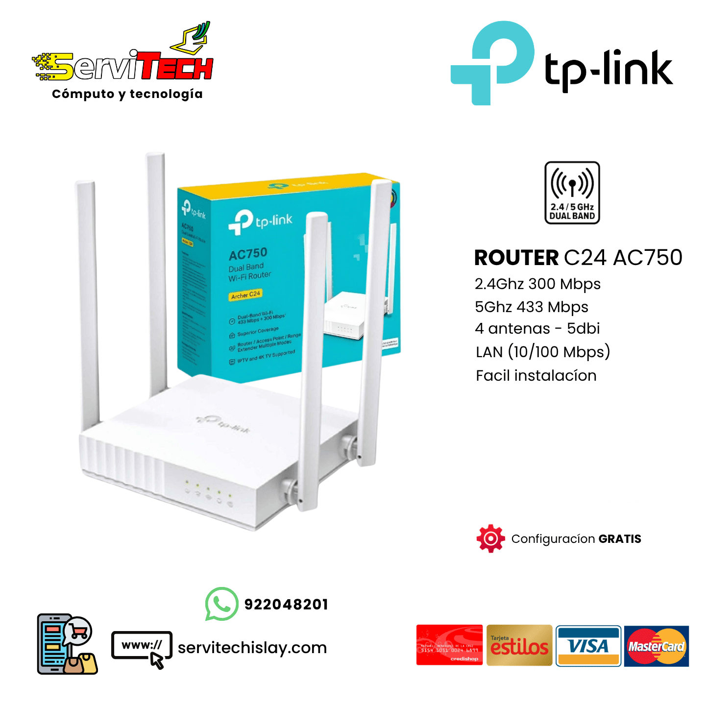 Router TPLINK ARCHER C24 AC750 4 antenas - 2.4Ghz/5.8Ghz