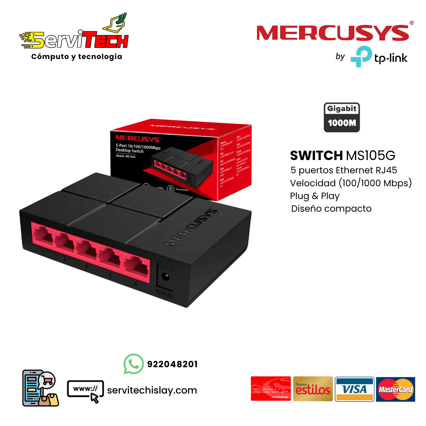 Switch MERCUSYS MS105G 5 Puertos Gigabit 100/1000Mbps