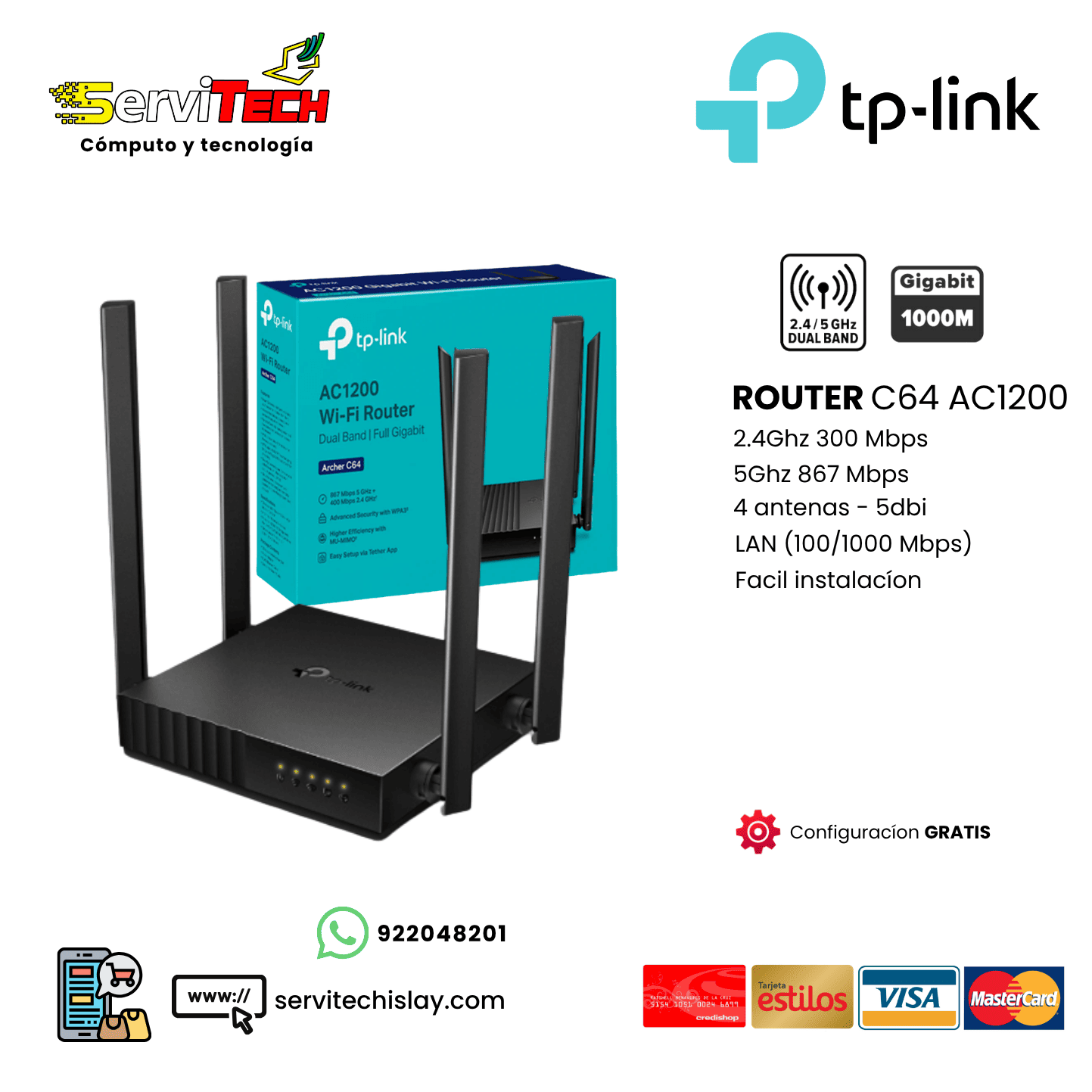 Router TPLINK ARCHER C64 AC1200 4 antenas Gigabit - 2.4Ghz/5.8Ghz