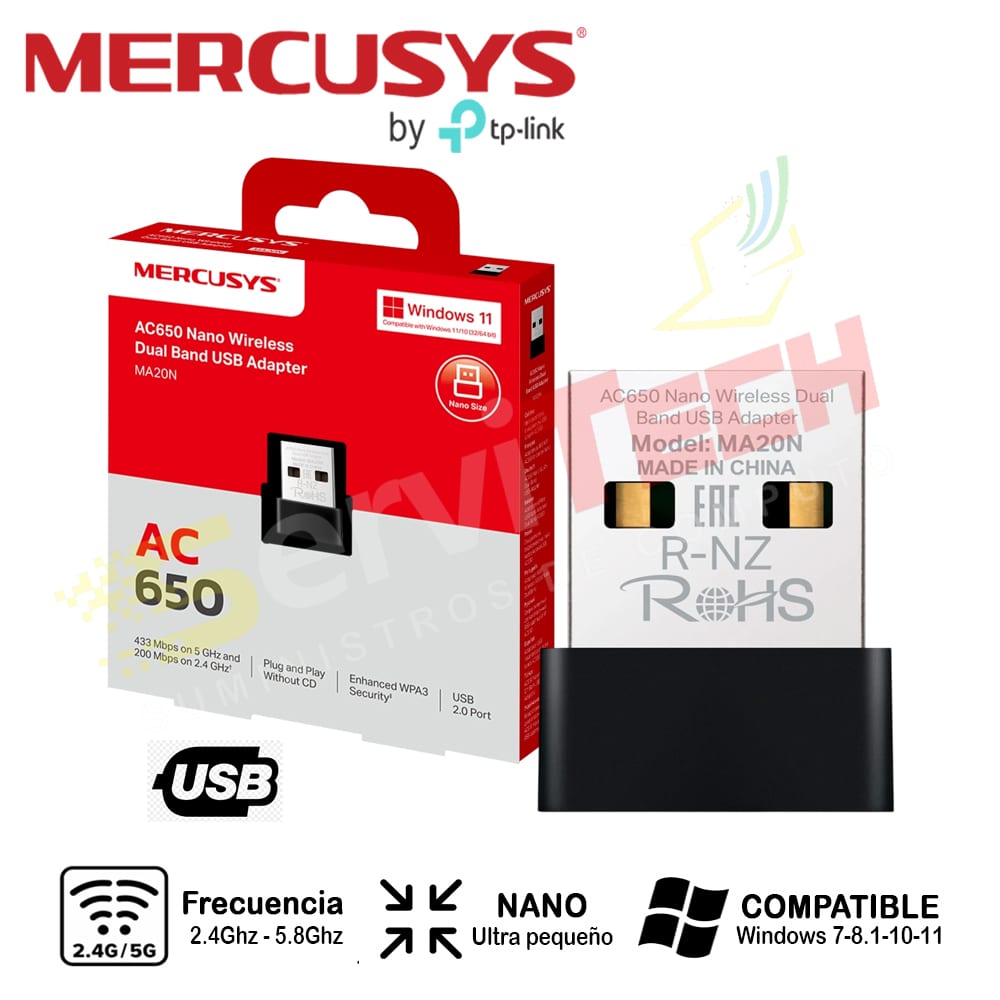 Adaptador inalambrico MERCUSYS MA20N AC650 2.4Ghz/5.8ghz USB