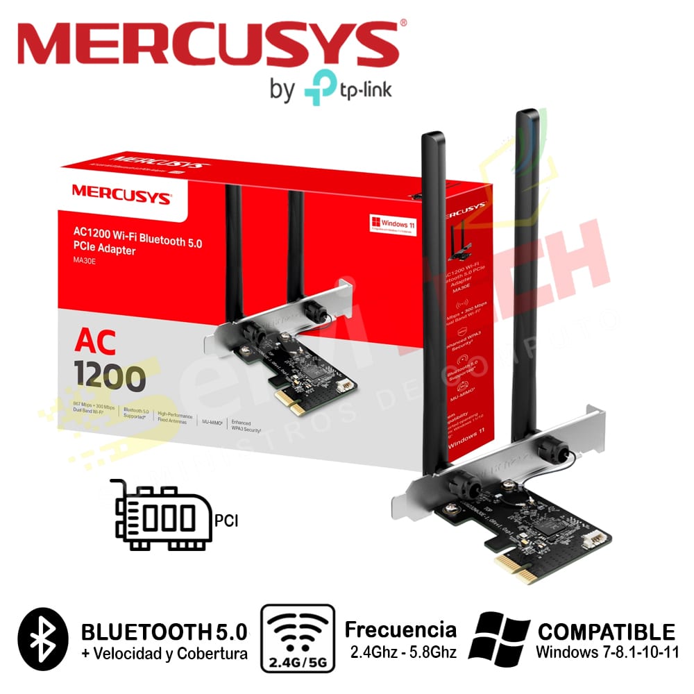 Tarjeta de Red PCIe MERCUSYS MA30E AC1200 Wifi 2.4Ghz/5.8Ghz + Bluetooth 5.0