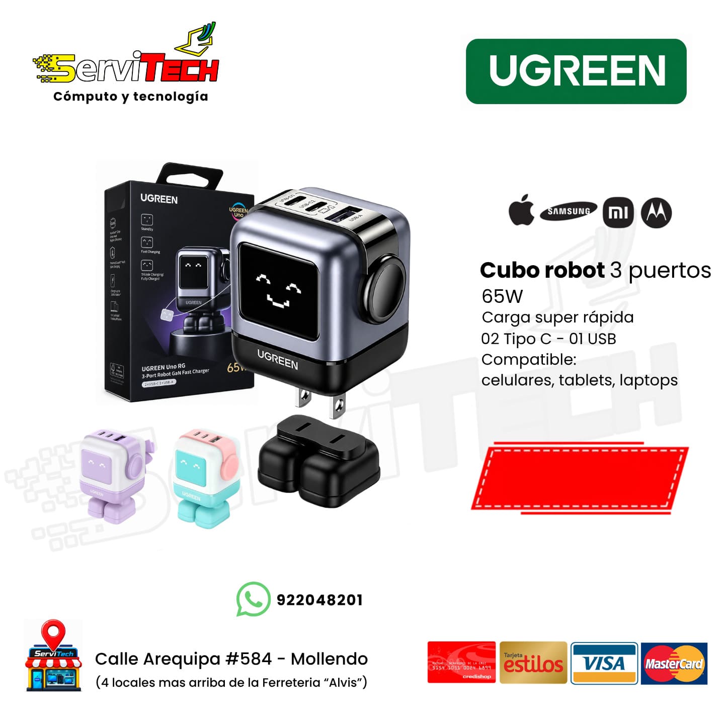 Cabezal cargador Robot triple USB - Tipo C 65W UGREEN