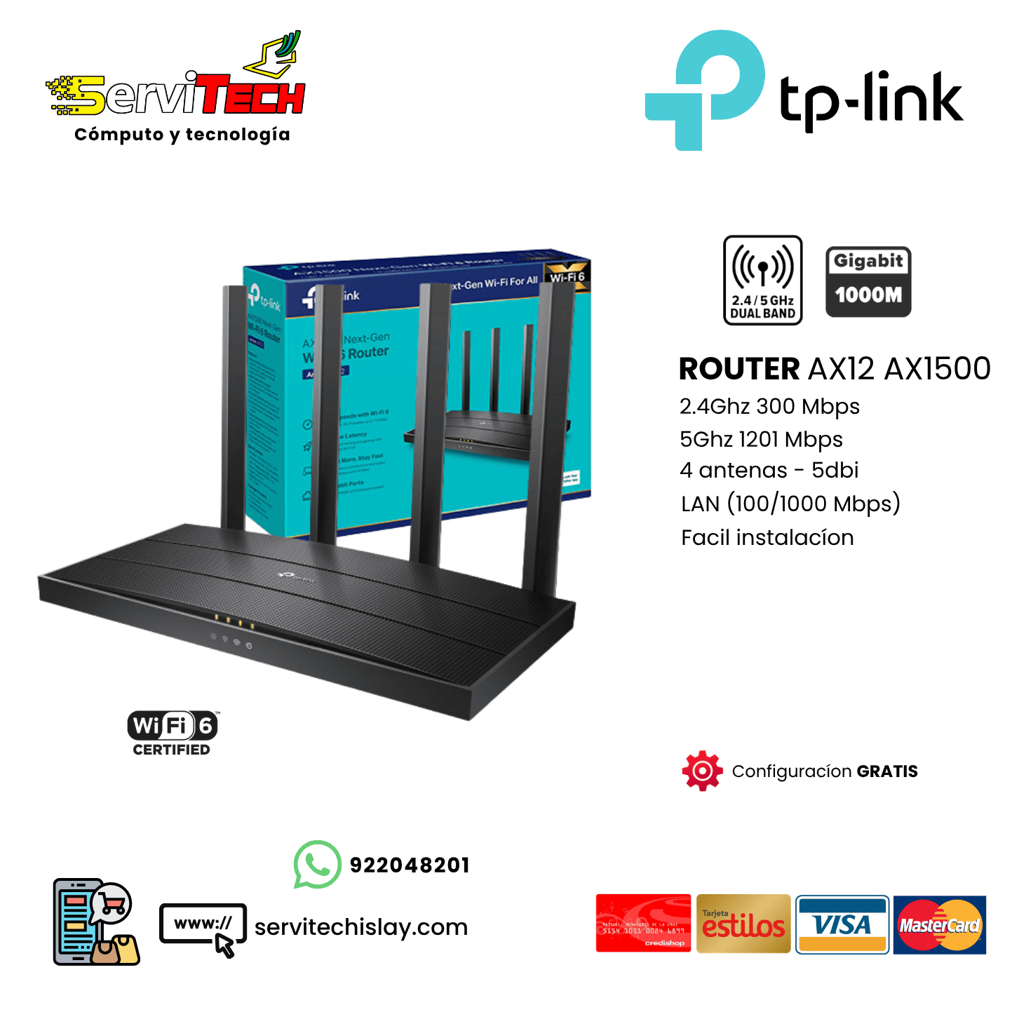 Router TPLINK ARCHER  AX12 AX1500 4 antenas Gigabit WiFi6 - 2.4Ghz/5.8Ghz
