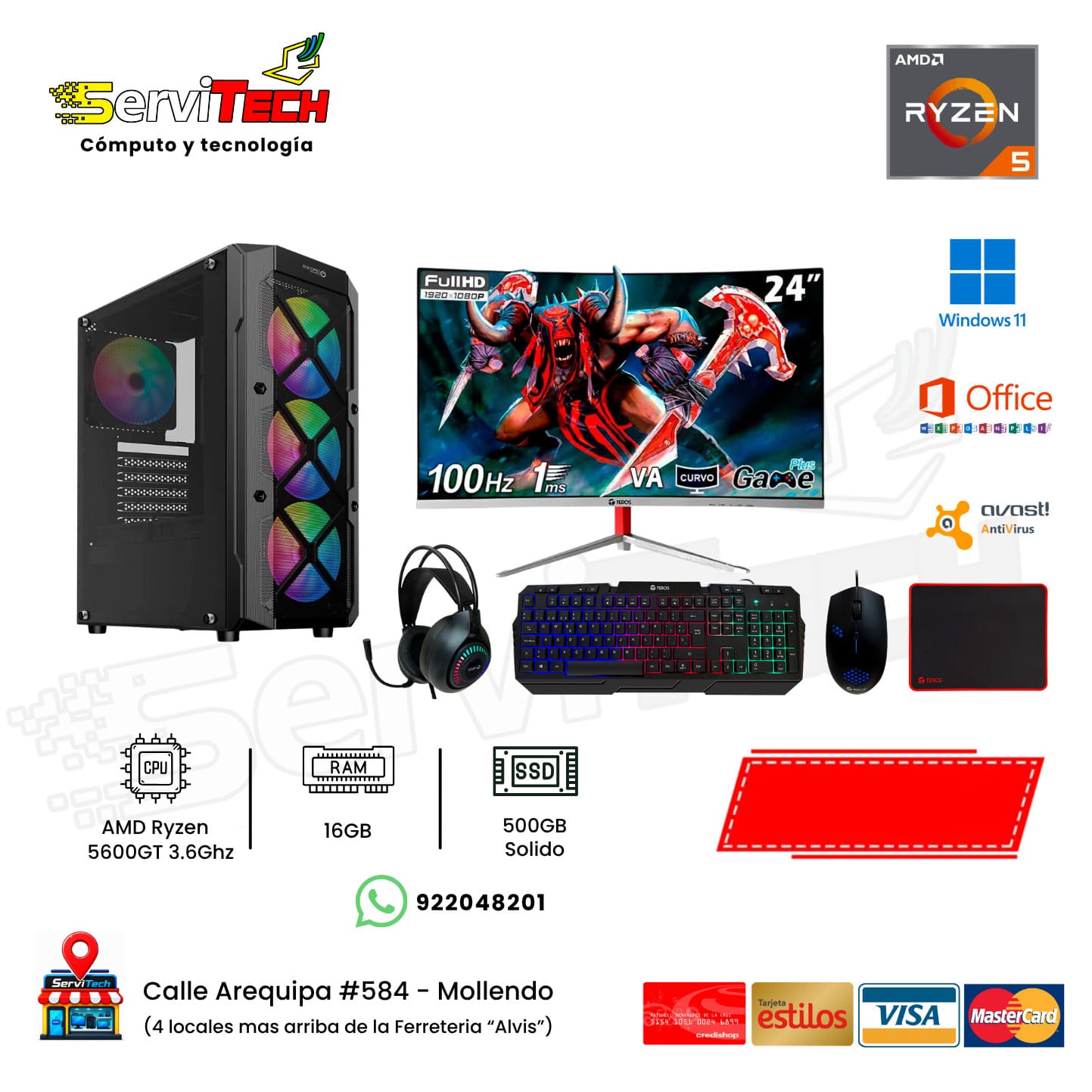 AMD Ryzen 5600GT / 16GB RAM / 500GB SSD / Monitor 24´ Curvo / Tecl+Mous+Audif+PadMous