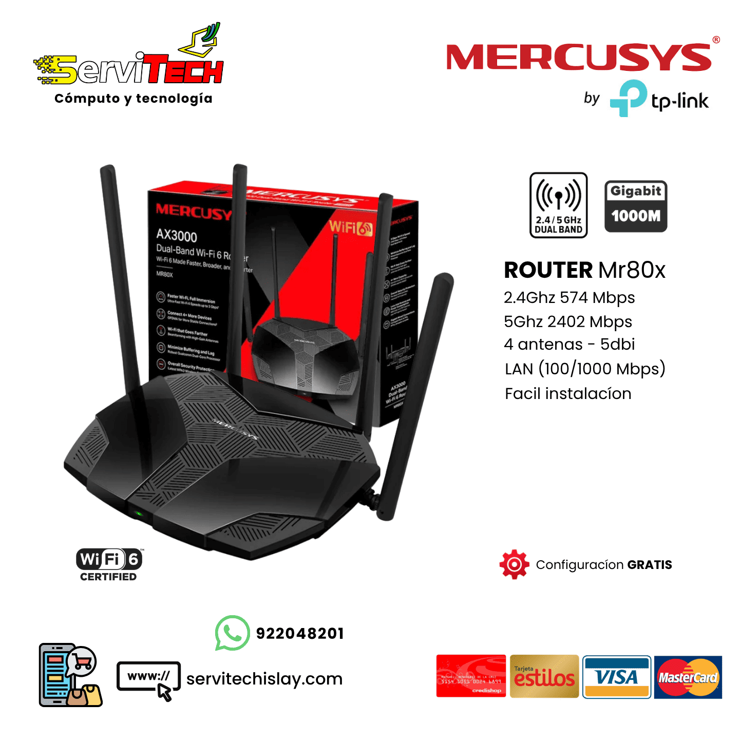 Router MERCUSYS MR80X AX3000 4 antenas Gigabit WiFi6 - 2.4Ghz/5.8Ghz