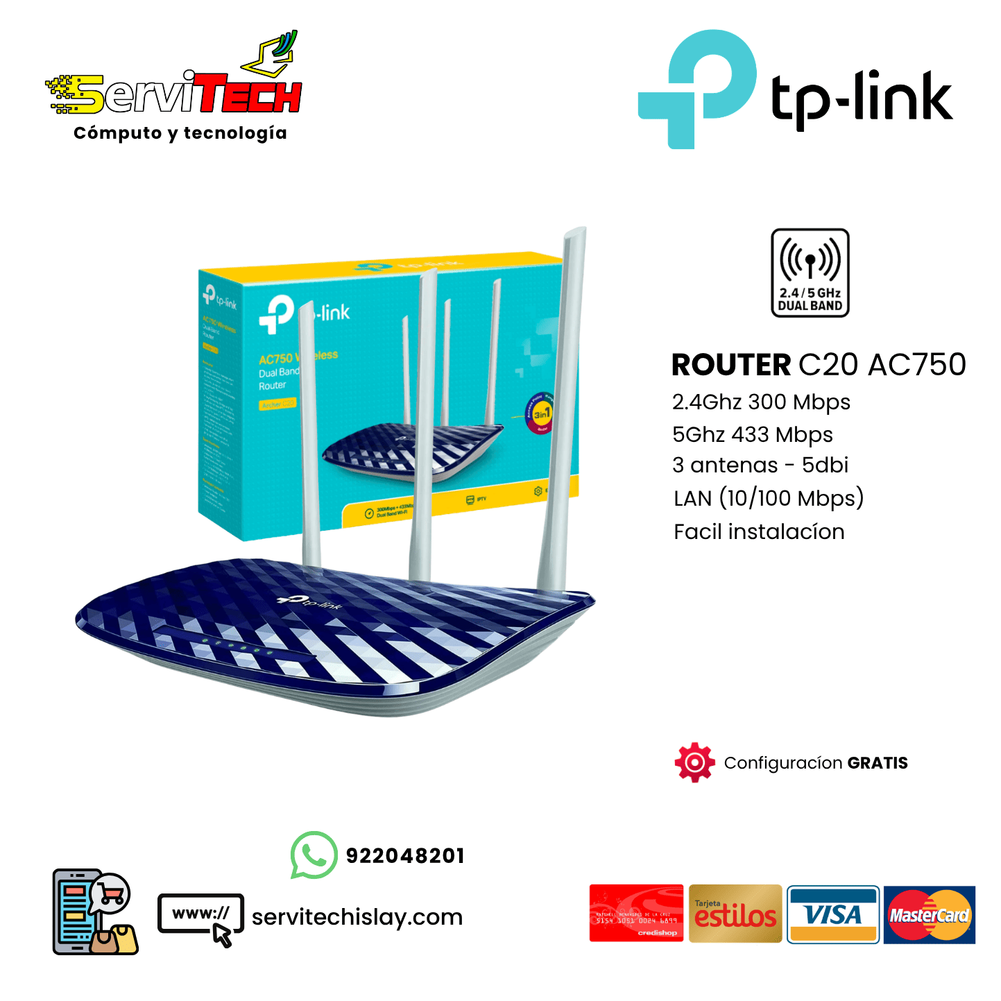 Router TPLINK ARCHER C20 AC750 3 antenas - 2.4Ghz/5.8Ghz